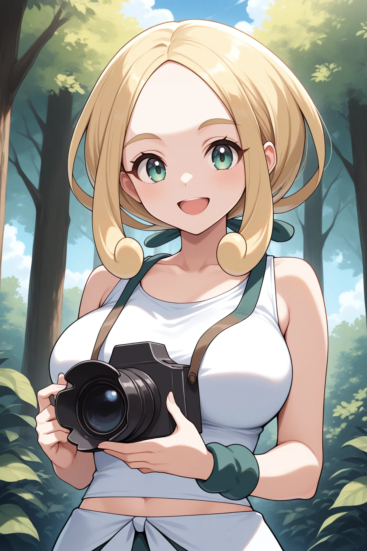 masterpiece, best quality, 1girl, solo, <lora:pkmnviola-illu-nvwls-v1:1> basevol, sidelocks, short hair, blonde hair, parted bangs, green eyes, forehead, white tank top, bare arms, midriff, green wristband, white belt, , large breasts, looking at viewer, camera, smile, happy, open mouth, upper body, blue sky, clouds, forest, collarbone