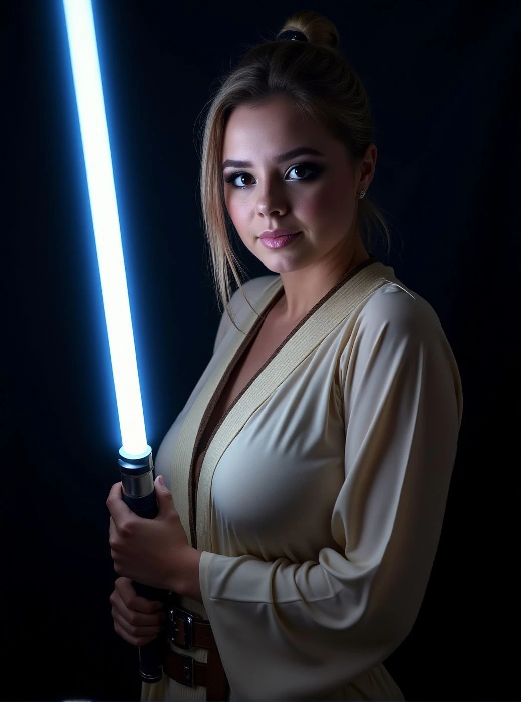 <lora:vivian-blush:1>
woman holding a lightsaber in battle stance, wearing a jedi robe and jedi attire underneath it, dark space, her face is lit by the lightsaber, looking at the viewer, close up