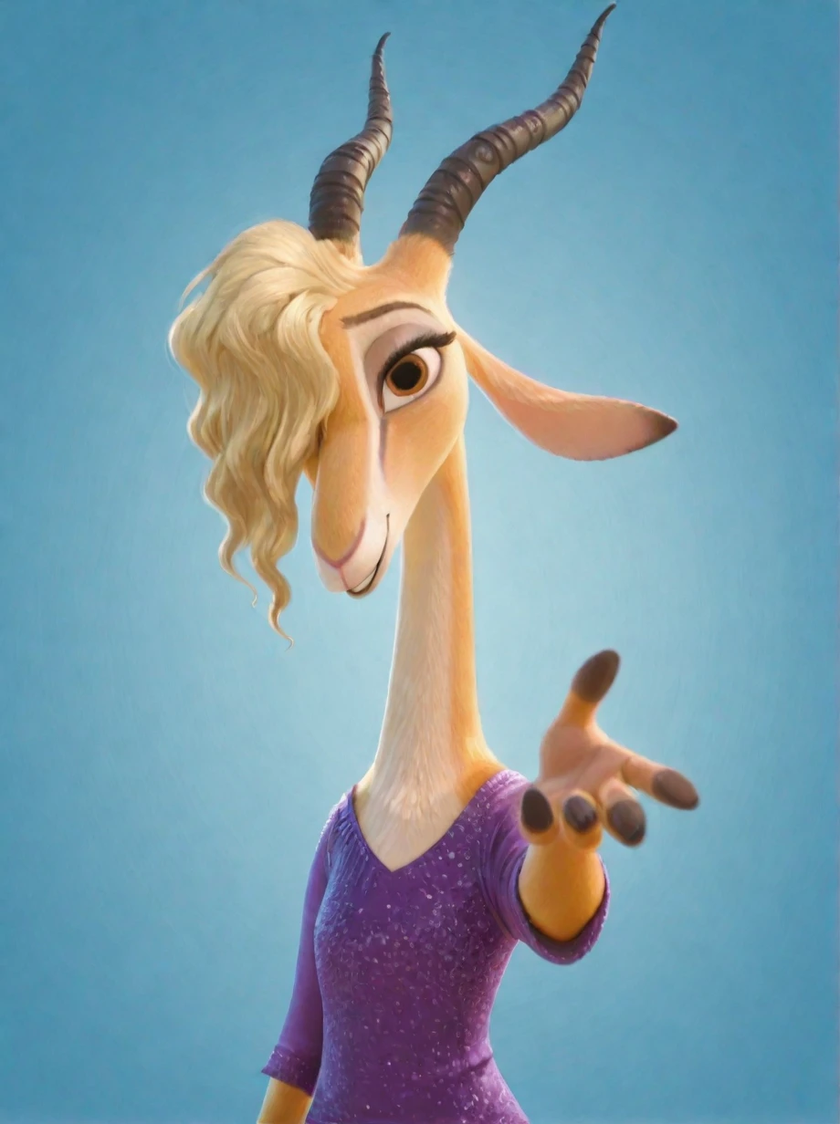 (gazellezootopia:1.2, furry anthro gazelle), horns, blonde hair, brown eyes, hair over one eye, standing, looking at viewer, smile, (reaching hand out towards viewer:1.3), purple shirt, blue background