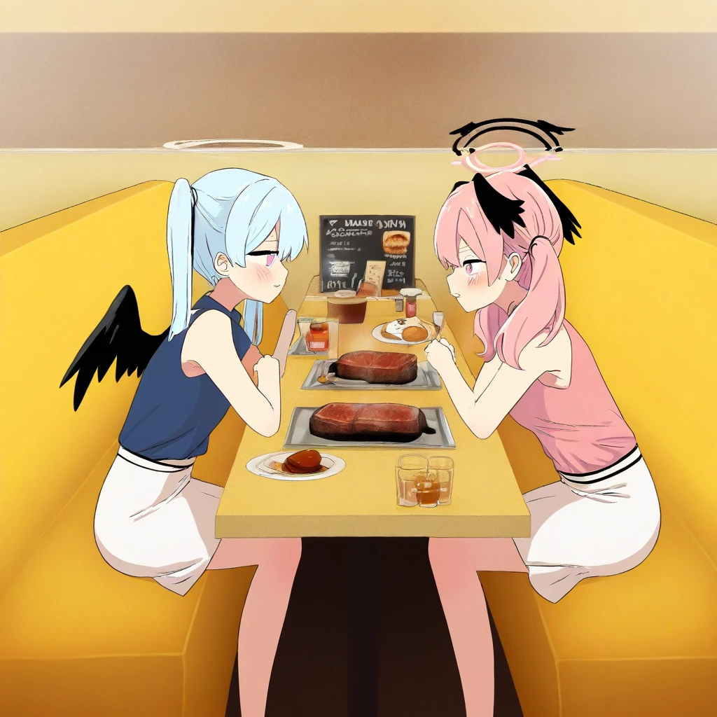 multiple girls, 2girls, pink hair, head wings, blush, blue hair, wings, food, table, pink eyes, black wings, twintails, sitting, skirt, white skirt, yellow couch, light blue hair, looking away, steak,family restaurant,indoors