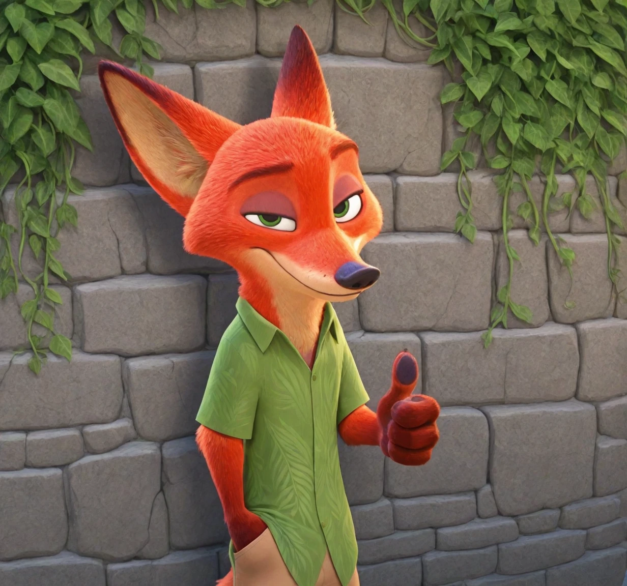 (Nick wilde:1.5), fox, green hawaiin shirt, pants, looking at viewer, thumbs up, hand in pocket, relaxed eyes, stone brick wall, mossy wall, smile, vines