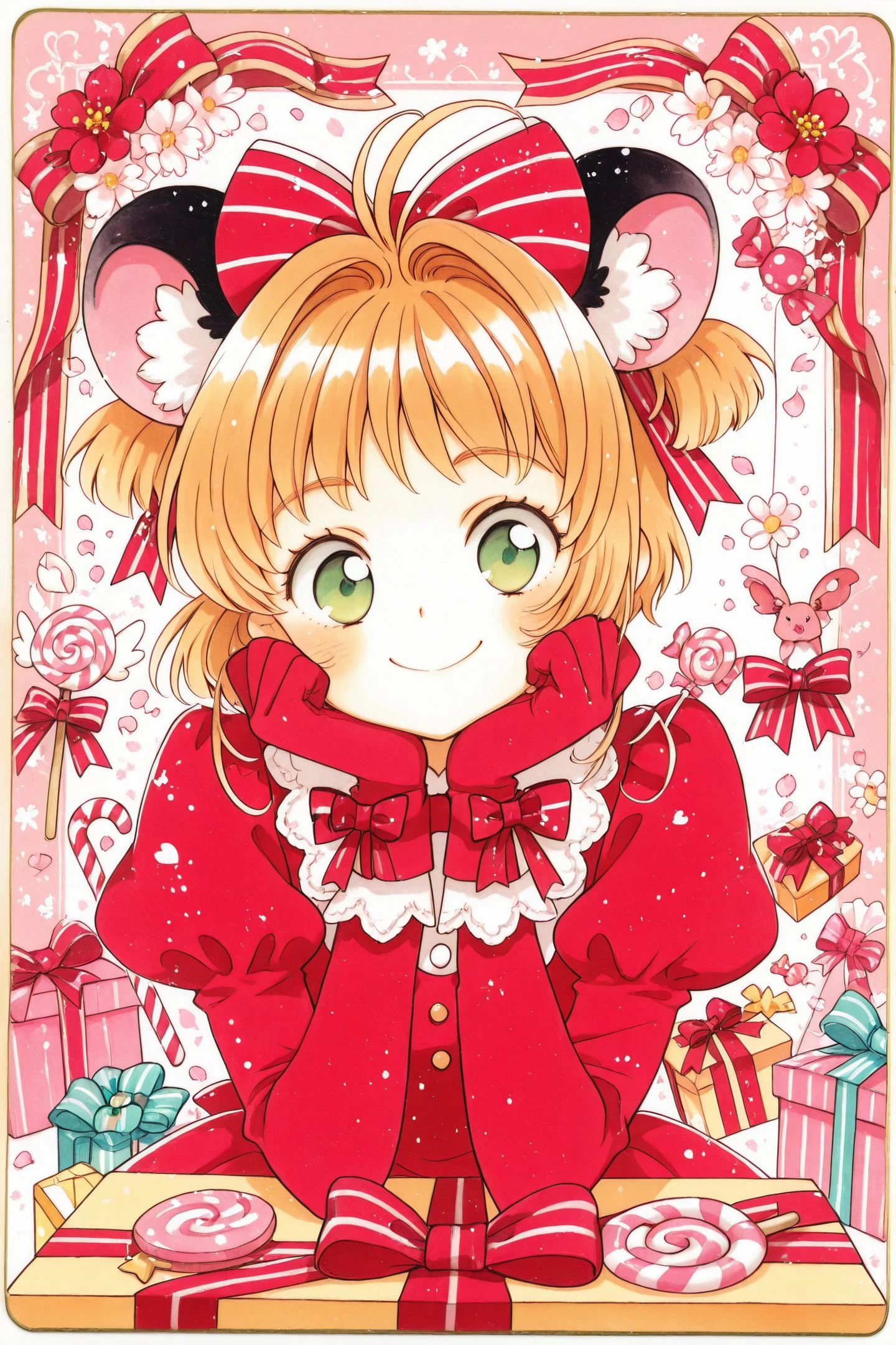 Comic Style,1girl,kinomoto sakura,solo,candy,bow,red gloves,green eyes,food,animal ears,striped bow,gloves,smile,mouse ears,short hair,striped,antenna hair,dress,looking at viewer,candy cane,long sleeves,fake animal ears,bangs,head rest,closed mouth,red dress,bowtie,gift,ribbon,box,swirl lollipop,lollipop,brown hair,blonde hair,red bow,flower,gift box,traditional media,
<lora:Card Captor Sakura_illustriousXL:0.3>,
<lora:Uekura Eku_illustriousXL:1.5>,