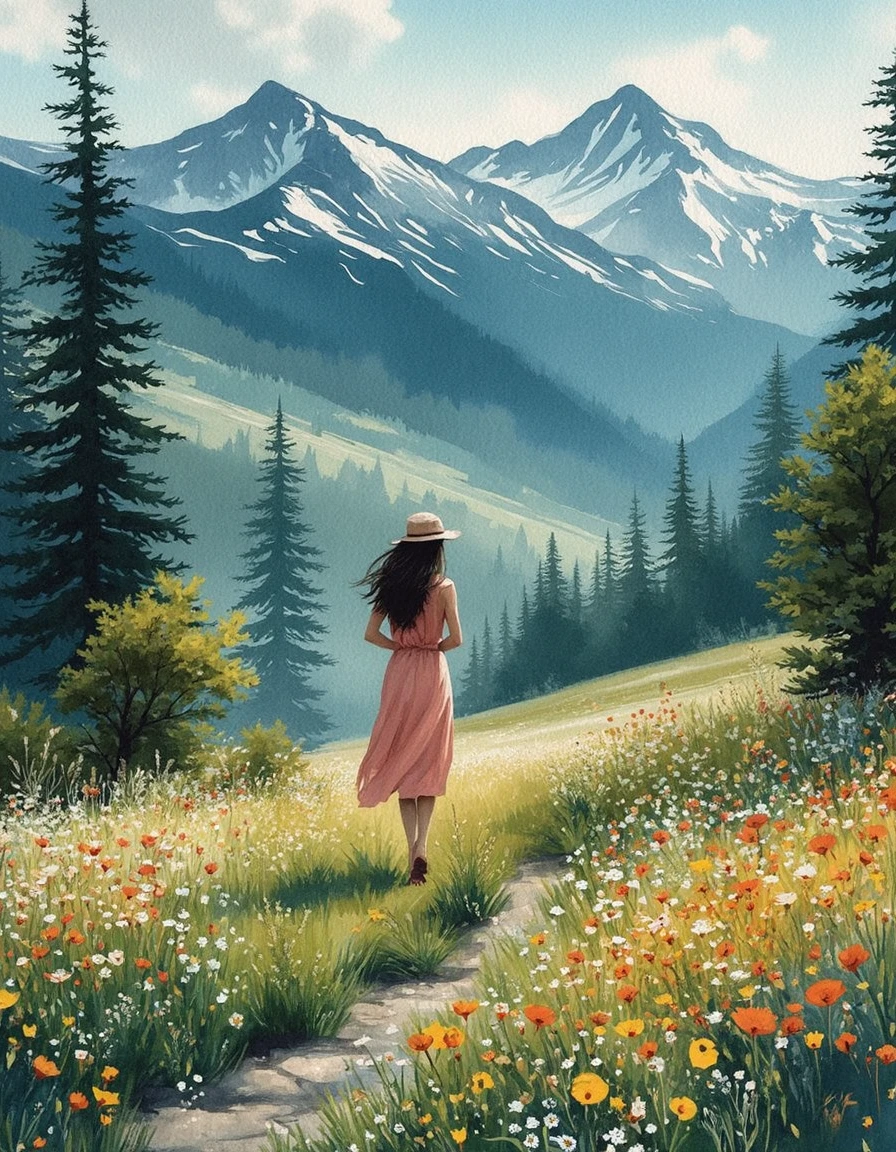 A water color image on rough paper with a woman walking through the flower meadows at summer. Snow tipped mountains are in the distance. The sky is blue and has soft clouds.