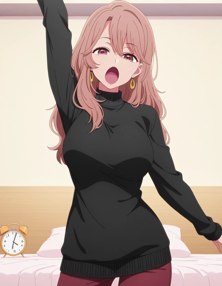 masterpiece, best quality, amazing quality,, <lora:miyako-saitou-s1-illustriousxl-lora-nochekaiser:1>, miyako saitou, saitou miyako, long hair, brown hair, brown eyes, hoop earrings, mature female, breasts, anime screencap, jewelry, earrings, sweater, turtleneck, black sweater,, smug, bedroom, alarm clock, morning routine, yawning, stretching, on bed, cowboy shot, solo, looking at viewer