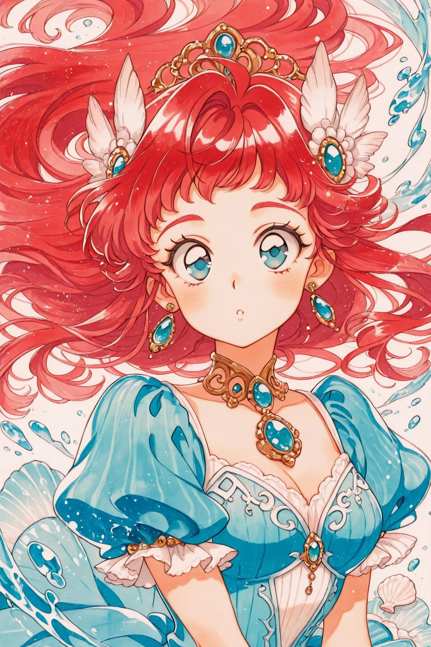 1girl,solo,red hair,long hair,blue eyes,looking at viewer,gem,jewelry,upper body,floating hair,bangs,water,shell,hair ornament,dress,retro artstyle,traditional media,
<lora:hrn_yc_illustriousXL:0.4>,
<lora:Uekura Eku_illustriousXL:1.5>,