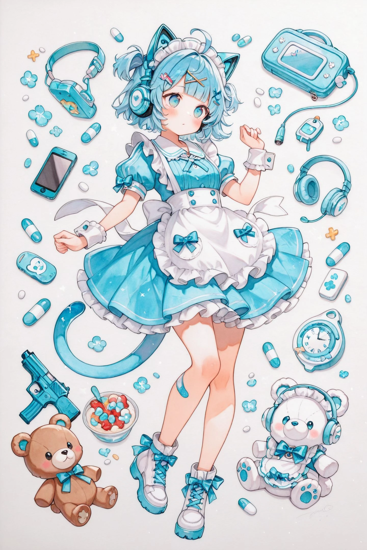 1girl,animal ears,stuffed animal,pill,stuffed toy,solo,food,fake animal ears,headphones,animal ear headphones,hair ornament,teddy bear,gun,bandaid,apron,blue hair,phone,white background,dress,frills,wrist cuffs,weapon,short sleeves,ahoge,puffy sleeves,full body,hairclip,x hair ornament,tail,puffy short sleeves,cellphone,bandaid on leg,cat ears,white footwear,blush,bow,handgun,traditional media,
<lora:Uekura Eku_illustriousXL:0.9>,