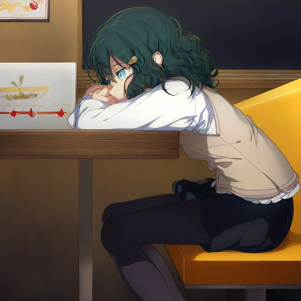 great quality,almic,akakura,ogipote,family restaurant,indoors, 1girl,solo,green hair,wavy hair,medium hair,aqua eyes,from side,looking away,hands on face,hands rest,table,white shirt, beige vest,dark blue skiry,legs,black pantyhose