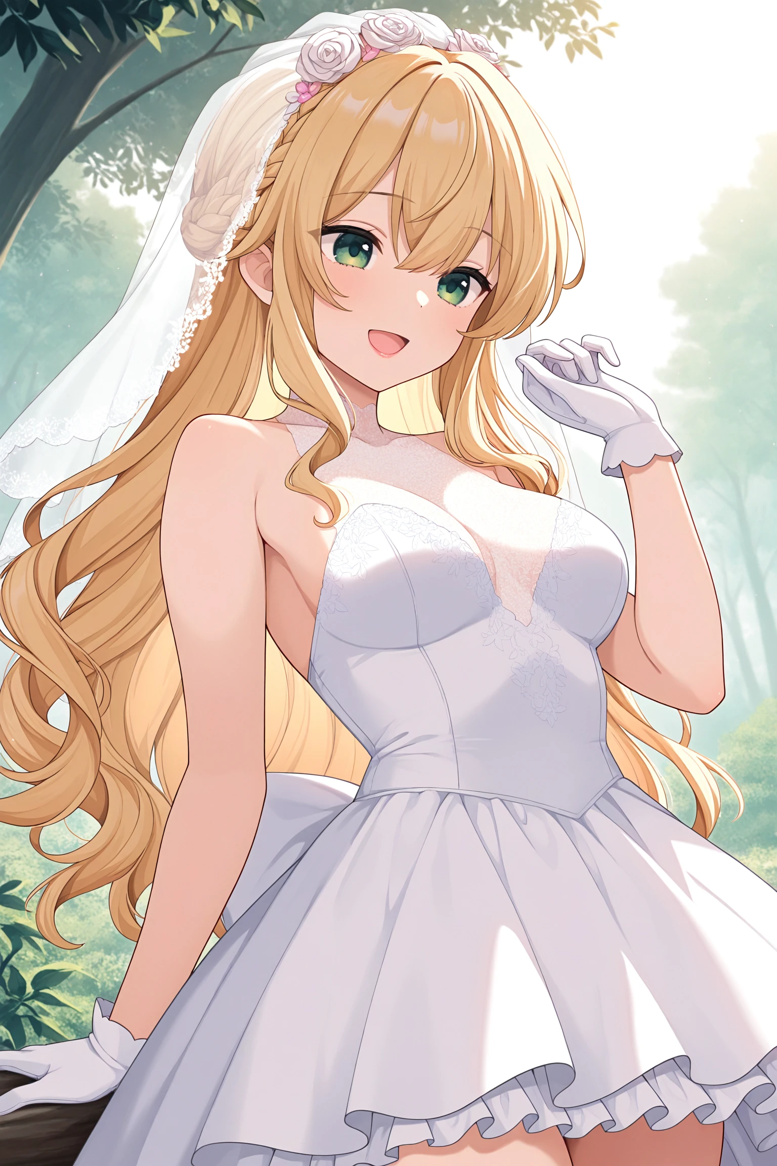 masterpiece, best quality, very aesthetic, mochizukierena, solo, outdoors, nature, bridal veil, blonde hair, french braid, hair between eyes, wavy hair, very long hair, green eyes, medium breasts, wedding dress, white dress, white gloves, frilled skirt, smile, open mouth, :d, pink lips, <lora:Mochizuki-Erena:0.7>