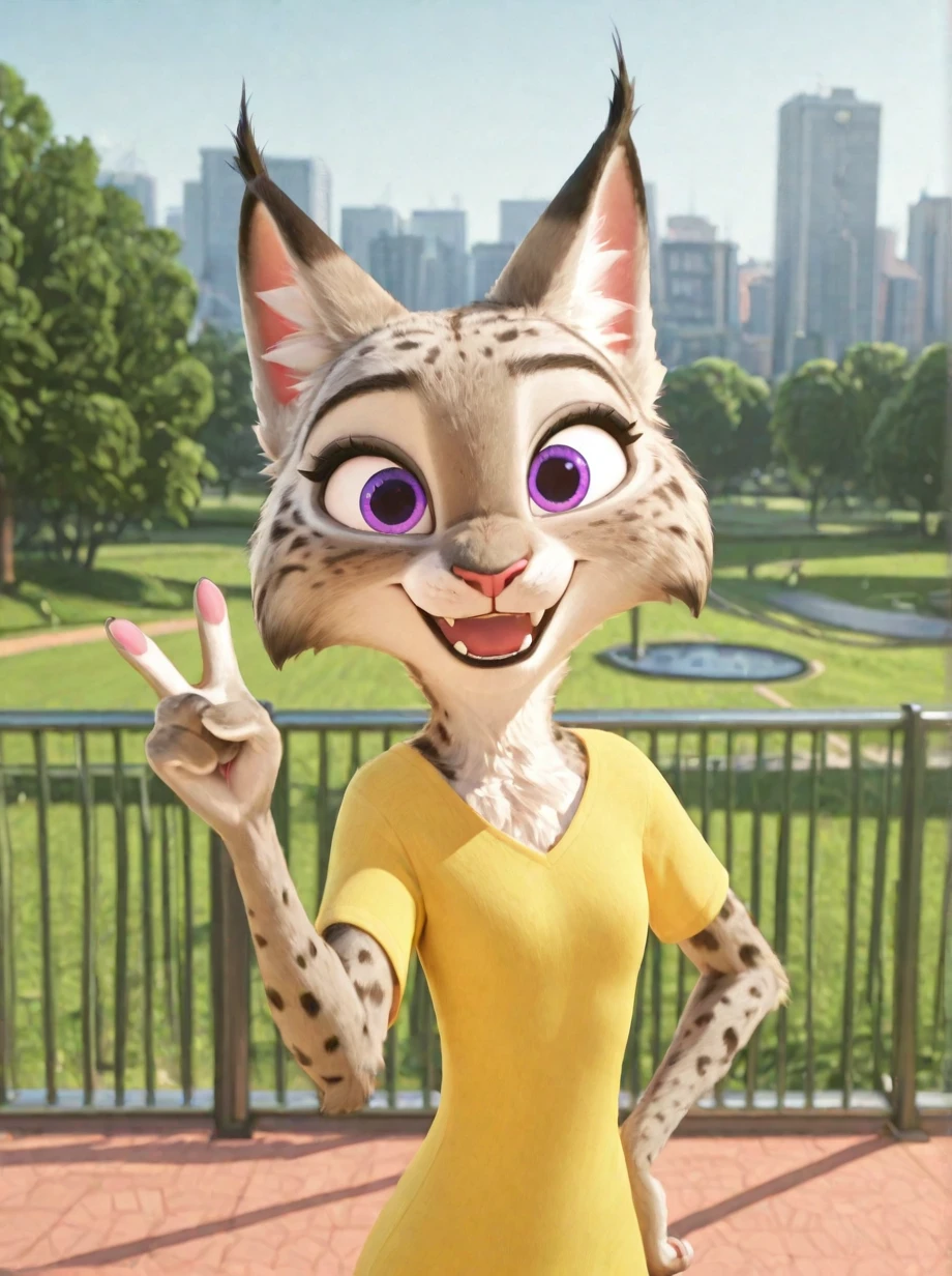 Lynx, white fur, purple eyes, female, outside, (slim:1.3), upper body, angular eyes, fangs, mouth open, happy, peace sign, pose, blue and yellow outfit, looking at viewer, park, city, trees, balcony, blurry background