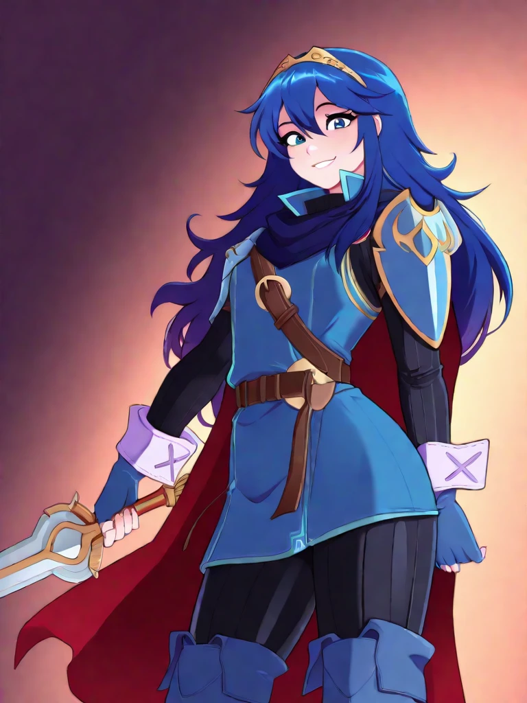 masterpiece, best quality, amazing quality
dfLuc, long hair, tiara, cape, shoulder armor, blue tunic, long sleeves, cuffs, blue scarf, fingerless gloves, belt, pants, thigh boots
1girl, cowboy shot, looking at viewer, smile, holding sword
, solo
<lora:RodjimIl:0.9> rodjimil <lora:felucina-illu-nvwls-v1:0.9>