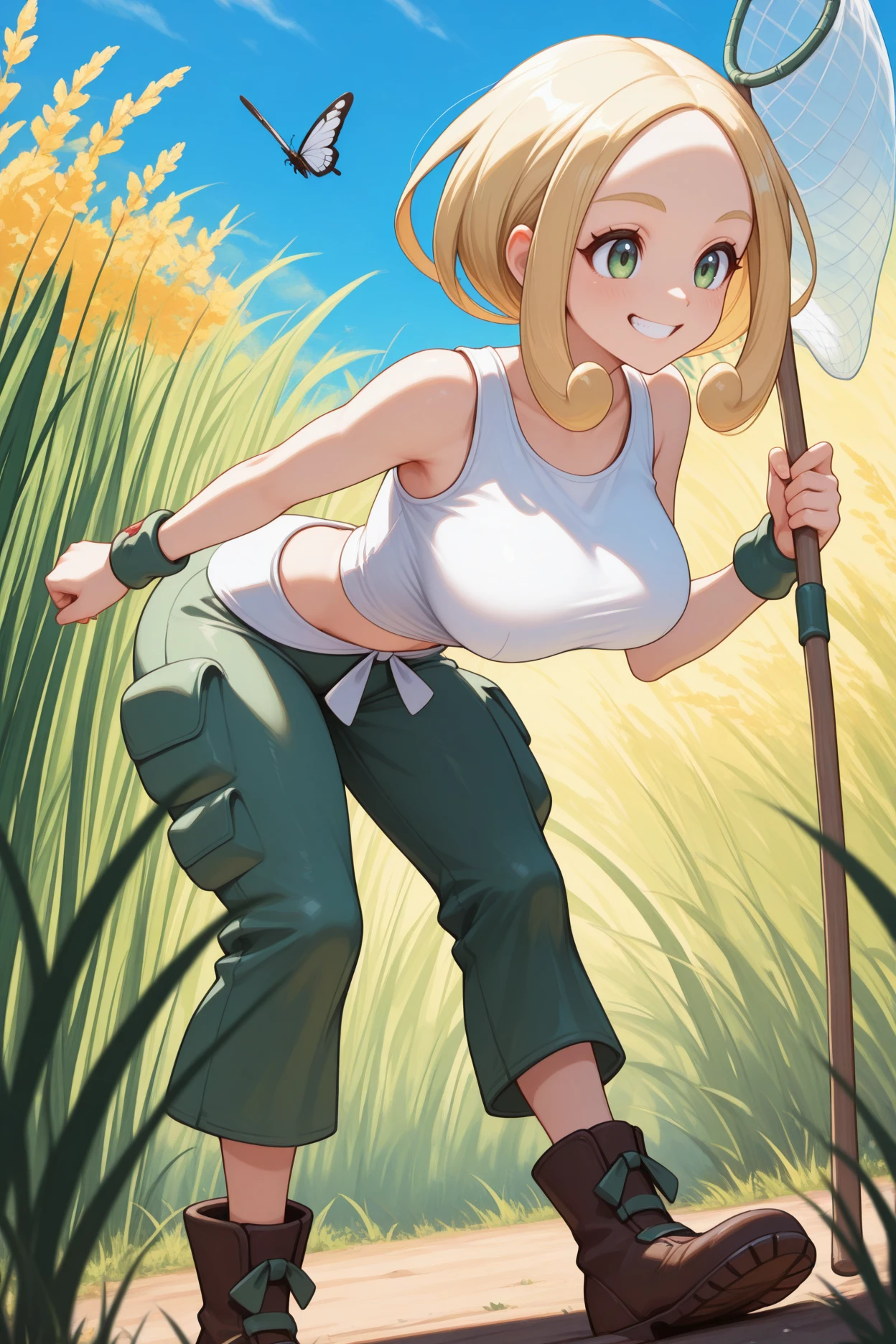 masterpiece, best quality, 1girl, solo, <lora:pkmnviola-illu-nvwls-v1:1> basevol, sidelocks, short hair, blonde hair, parted bangs, forehead, green eyes, white tank top, bare arms, midriff, green wristband, white belt, green pants, cargo pants, brown boots, ankle boots, leaning forward, holding butterfly net, large breasts, grin, sneaking, tall grass, blue sky