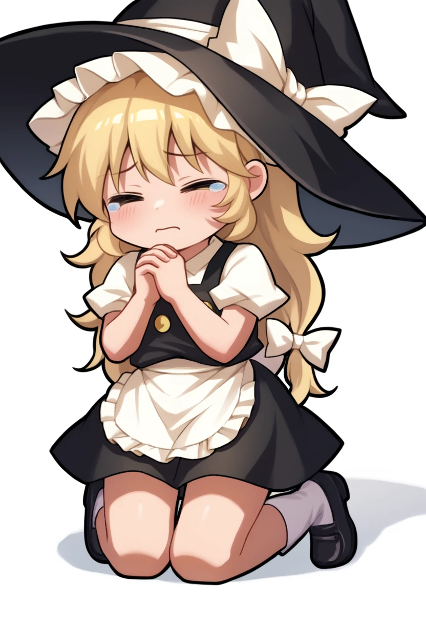 score_9, score_8_up, score_7_up, source_anime, BREAK, 1girl, solo, <lora:Jokanhiyou_Style:1> Emoting_Mokou, chibi, <lora:kirisame_marisa_pony:0.8> kirisame marisa, blonde hair, yellow eyes, single braid, witch hat, white ribbon, black skirt, black shirt, short sleeves, waist apron, white sleeves, white socks, black shoes, closed eyes, tearing up, closed mouth, kneeling, praying, white background, simple background