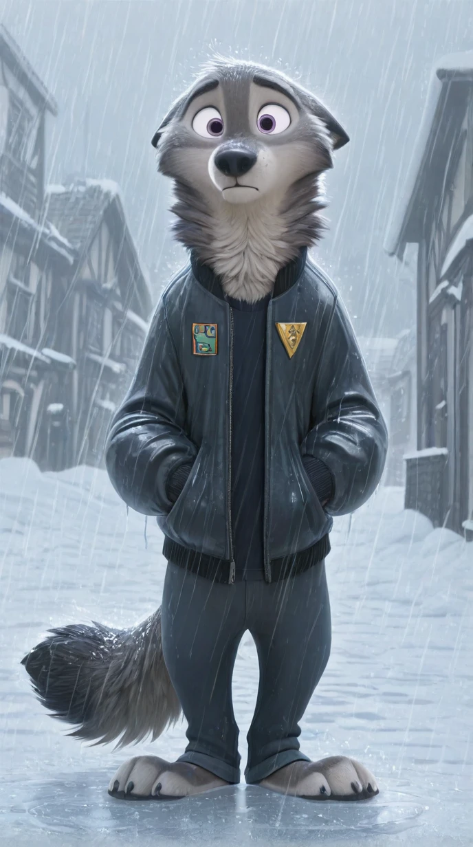 wolf, baggy jacket, pants, head tilted down, looking at viewer, snowstorm, windy, grey fur, fluffy fur, tail, snow, rain, hail, slim, male, muzzle, neutral expression, concern, ears down, facing viewer, town, pouty eyes