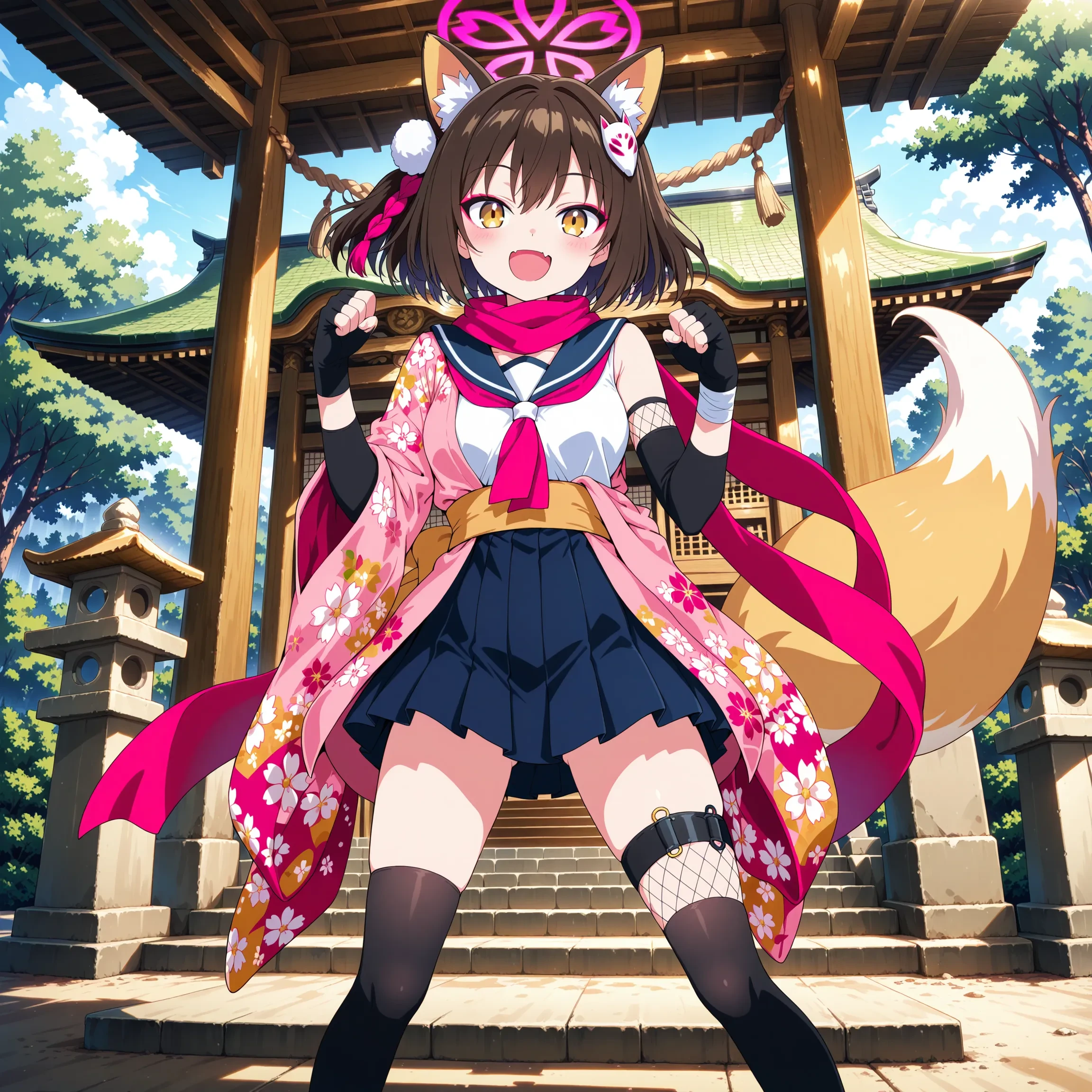 1girl,
izuna \(blue archive\),
skin fang,smile,
legs apart,
shrine,
outdoors,
masterpiece, best_quality,