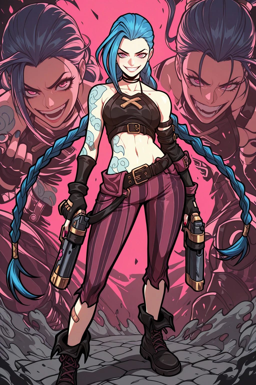 masterpiece, good quality, best quality, very awa, very as2, absurdres, highres
<lora:LYDart StyleIlluLYCO:0.8>ydart,
<lora:JinxPowderilluLoRA:1>JnxPwdr, long hair, twin braids, bare shoulders, choker, crop top, fingerless gloves, detached sleeves, single sleeve, midriff, belt, nail polish, tattoo, bandaid on leg, pants, boots, striped, holding pistol, crazy smile,