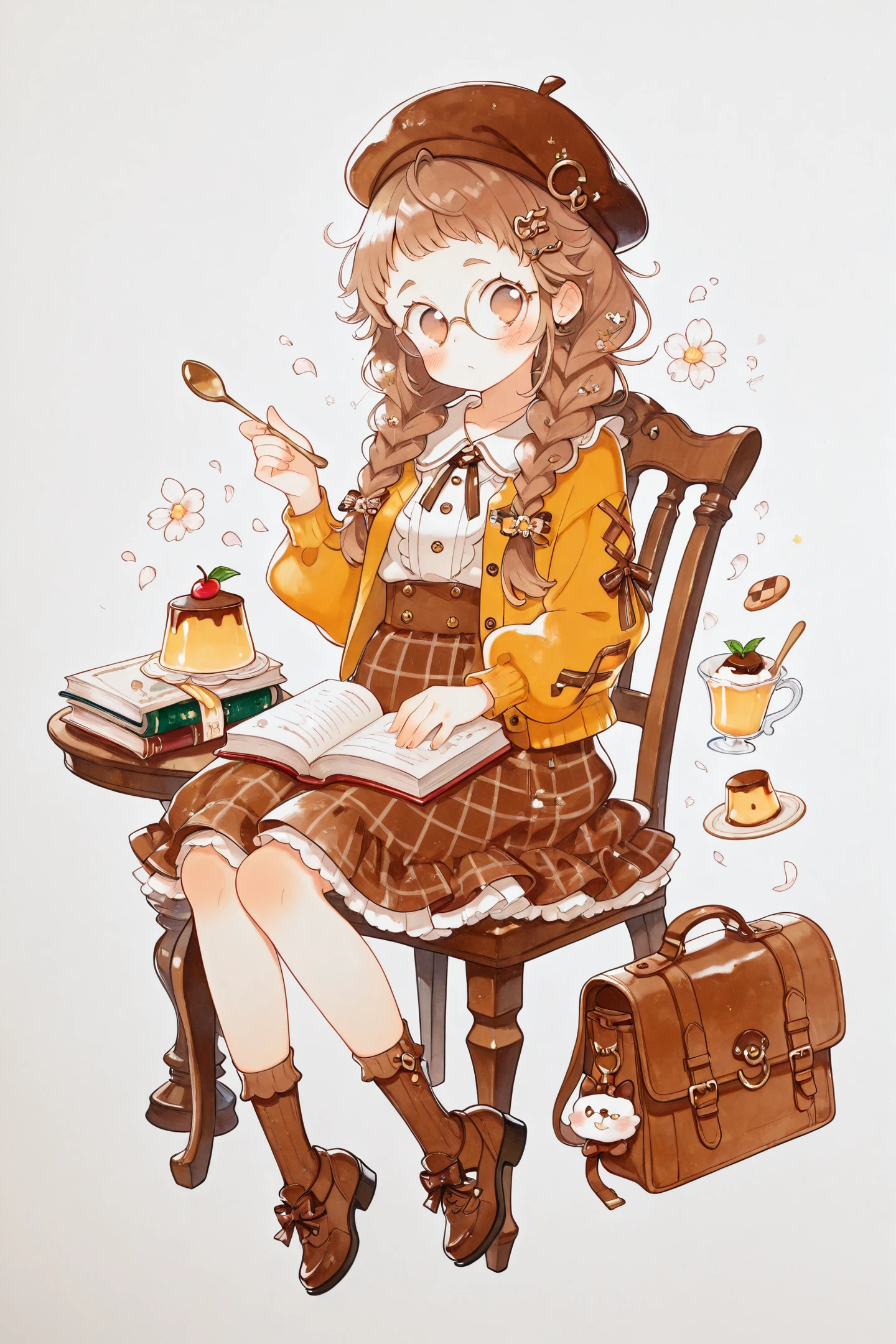 1girl,braid,food,spoon,solo,glasses,hat,brown headwear,white background,book,brown hair,socks,long hair,full body,hair ornament,plaid,brown footwear,cookie,jewelry,looking at viewer,skirt,open book,blush,holding,chair,bag,frills,simple background,shoes,long sleeves,brown socks,pudding,round eyewear,beret,jacket,twin braids,sitting,shirt,bow,brown eyes,traditional media,
<lora:Uekura Eku_illustriousXL:1.5>,