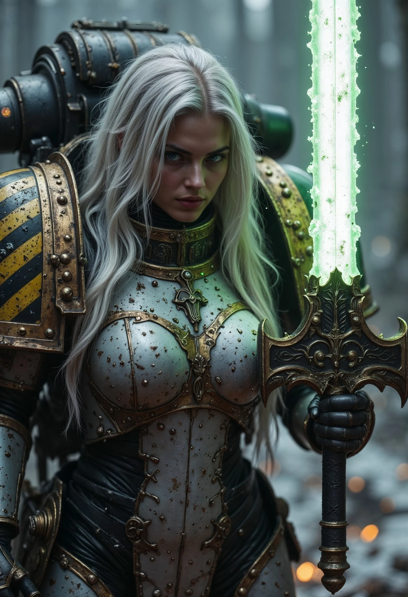 IronW40k, close up of a female space marine wearing a power armor with a hood, her long hair is white, she's holding a glowing sword,