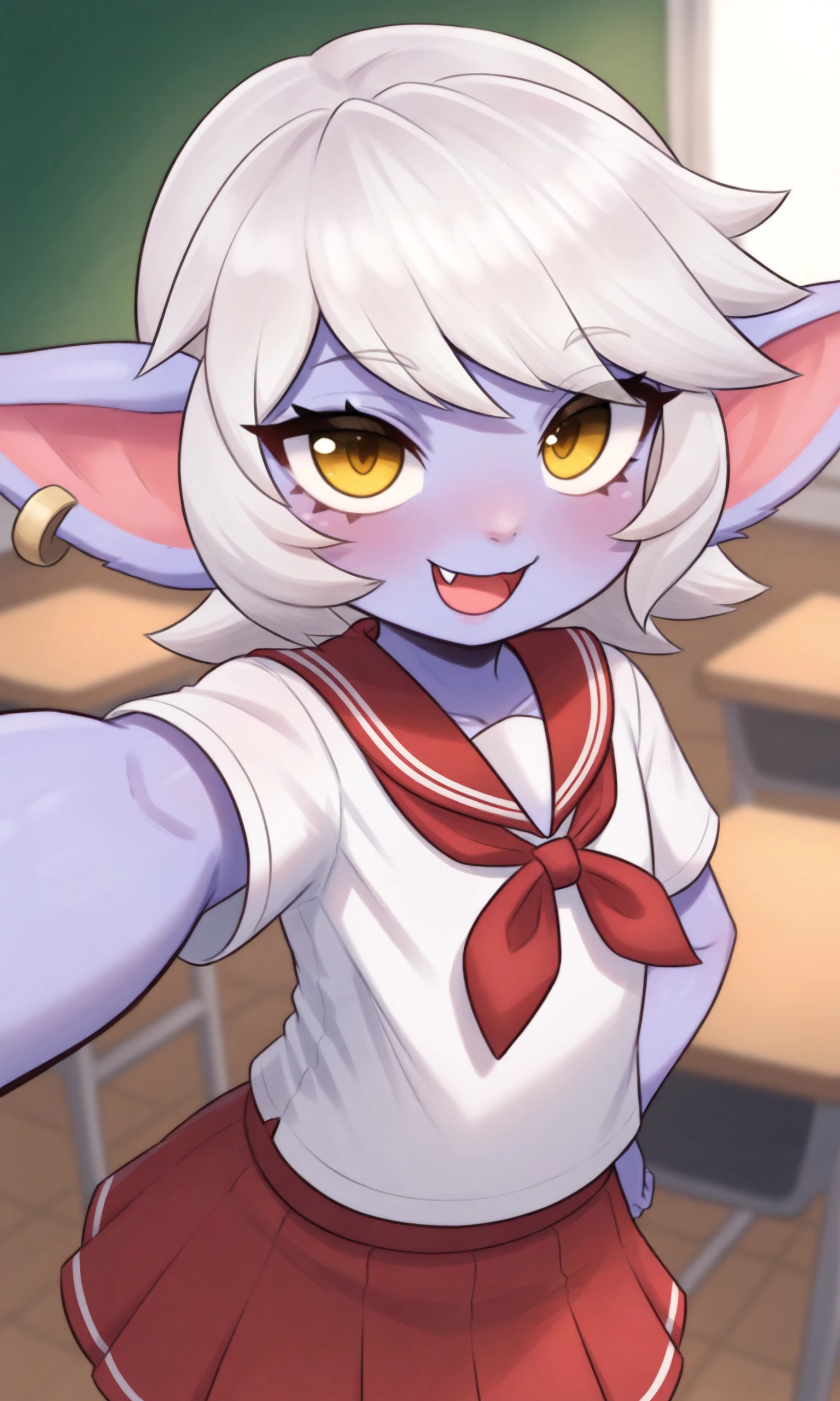 tristana, blue_skin, yellow_eyes, white_hair, short_hair, flat_chest, shortstack, pointy_ears, single_earring, school_uniform, white_shirt, red_sailor_collar, red_neckerchief, red_skirt, pleated_skirt, looking_at_viewer, classroom, indoors, happy, fang, upper_body, selfie, outstretched_arm, arm_behind_back,