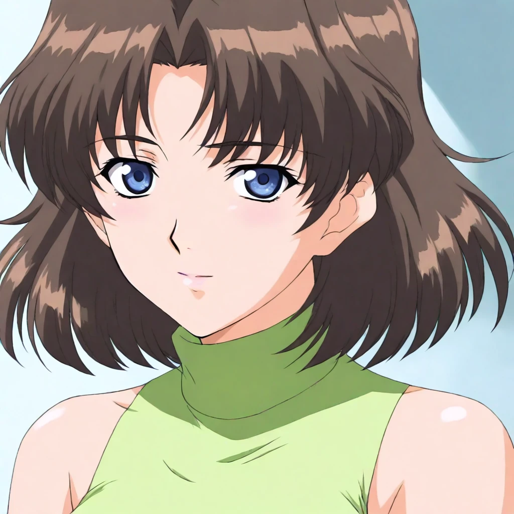 masterpiece,solo,looking at viewer,upper_body,portrait,<lora:Nadeshiko_Minami ilorg v1:1> nadeshiko_minami, brown hair, short hair, blue eyes,green shirt,bare shoulders,turtleneck,sleeveless,