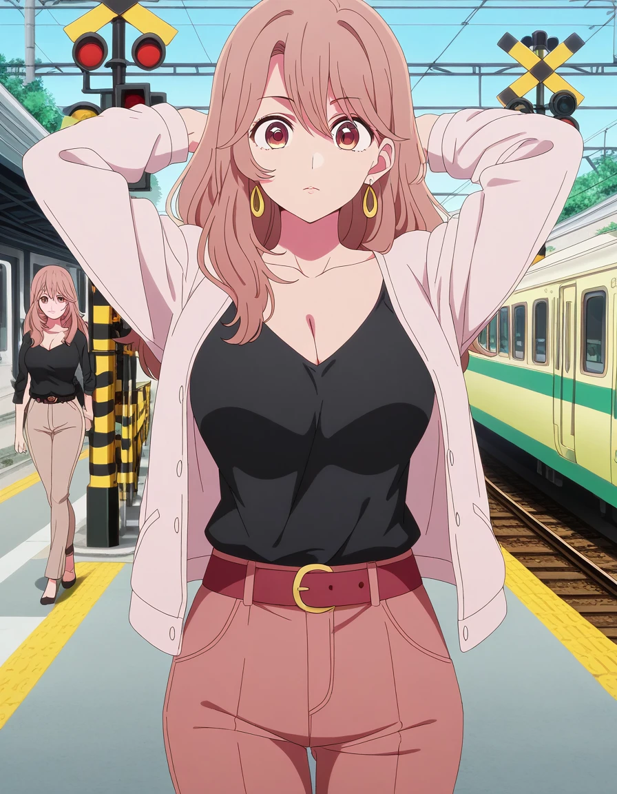 masterpiece, best quality, amazing quality,, <lora:miyako-saitou-s1-illustriousxl-lora-nochekaiser:1>, miyako saitou, saitou miyako, long hair, brown hair, brown eyes, hoop earrings, mature female, breasts, anime screencap, shirt, collarbone, jacket, belt, pants, black shirt, casual, cleavage,, hands behind head,, railroad crossing, sign, gate, train, street, cowboy shot, solo, looking at viewer