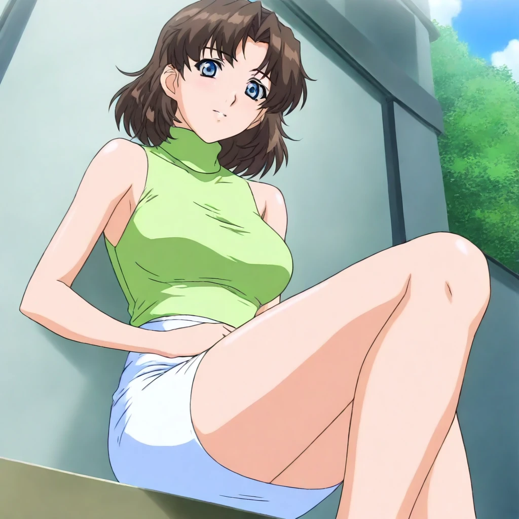 masterpiece,solo,looking at viewer,<lora:Nadeshiko_Minami ilorg v1:1> nadeshiko_minami, brown hair, short hair, blue eyes,green shirt,white pencil skirt,bare shoulders,turtleneck,sleeveless,