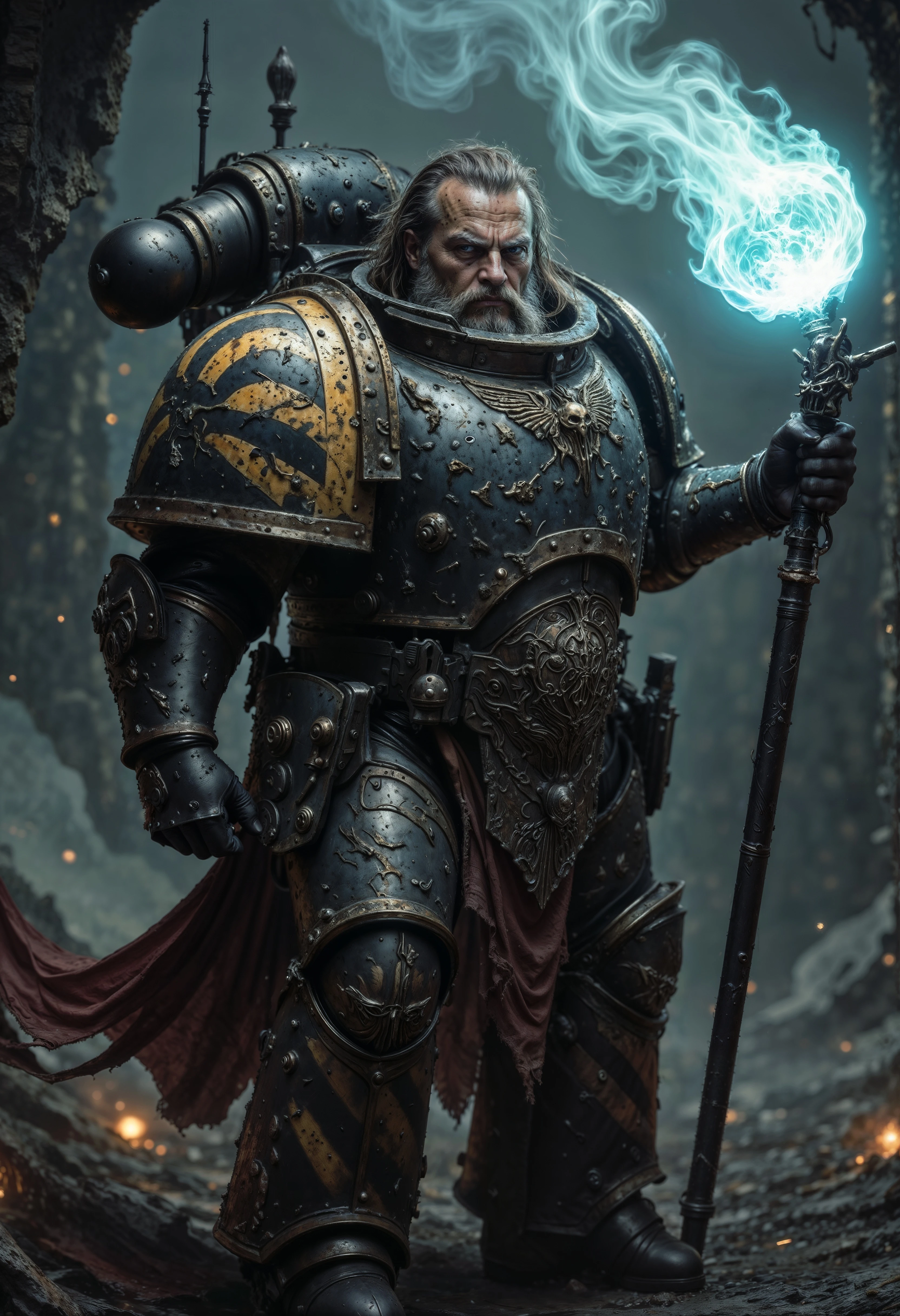 Highly detailed and realistic fantasy character in a dramatic shot. Epic cinematic depiction of a very old Dwarf Paladin in full IronW40k power armor. He is bearded and his hair is going grey.