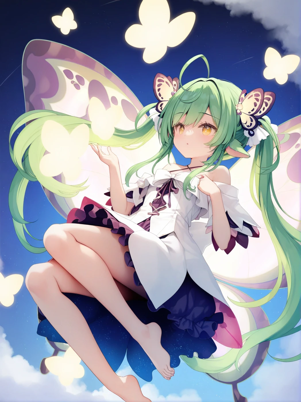 1 girl,Best quality, tmasterpiece, Long green hair, beautiful,detailed eyes, HD, super cute girl, super cute hairstyle, extremely detailed, Visually inspect the audience, The face is slightly red,is shy,adolable,Lori small breasts cleavage, skirt, pleated skirt, frills, frilled bra, (solo:1.6), seductive smile, (green eyes with beautiful pupils:1.7), (on her knees:1.5), (garden background with butterflies and flowers around:1.7),