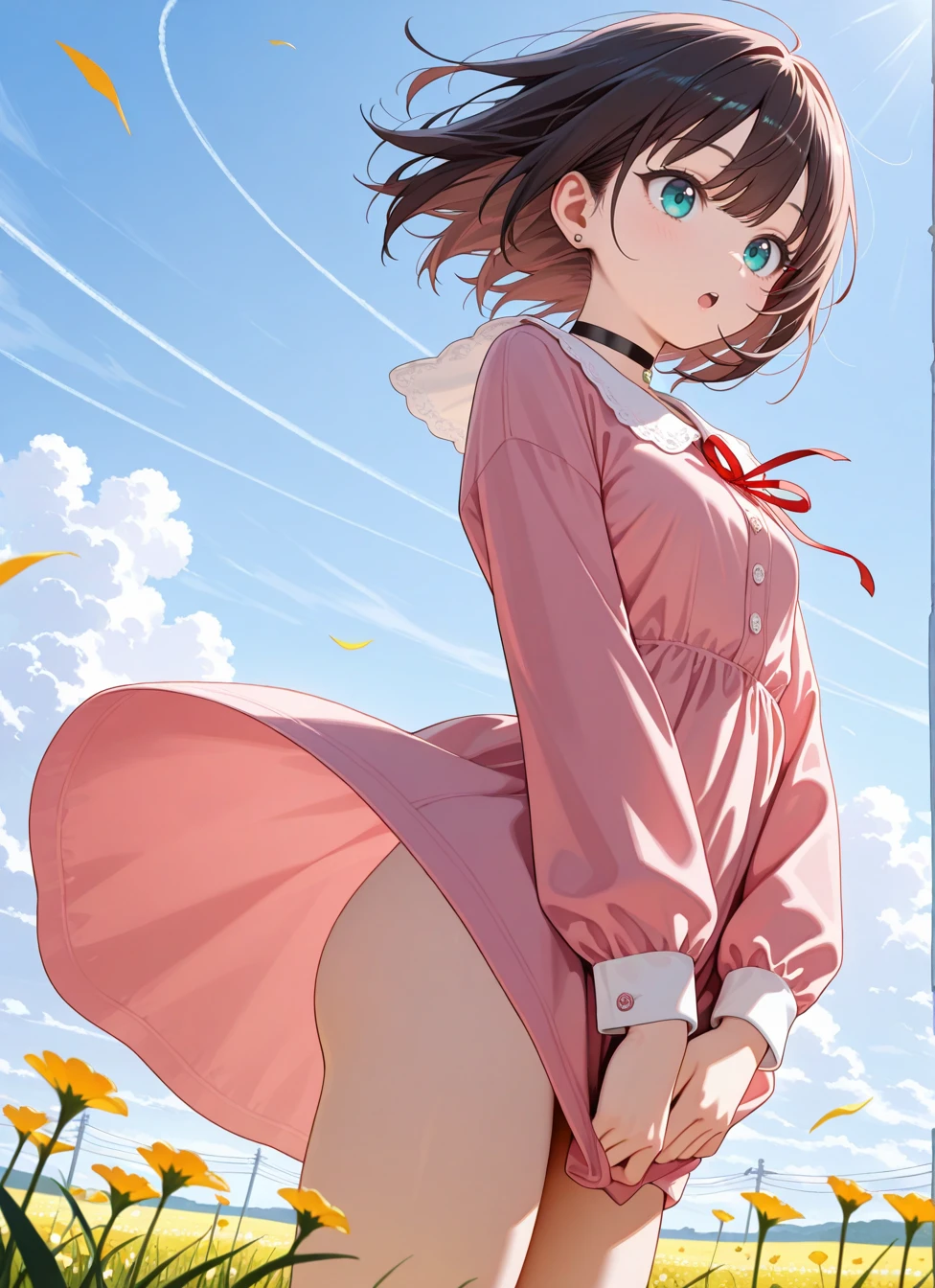1girl, aqua eyes, black choker, red ribbon, pink dress, jewelry, long sleeves, outdoors, day, standing, cowboy shot, dutch angle, from below, covering privates, covering crotch, no panties, wind, open mouth, :o, butt, dress lift by wind, (from side:0.5), <BREAK> , masterpiece, best quality, absurdres, highres, very aesthetic, high quality, detailed, insanely detailed, beautiful, very awa