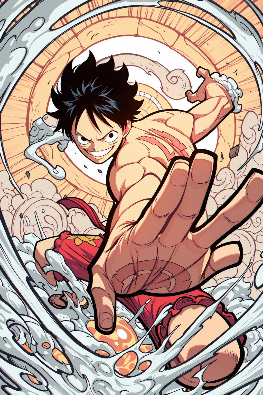 masterpiece, good quality, best quality, very awa, very as2, absurdres, highres
<lora:LYDart StyleIlluLYCO:1>ydart, monkey d. luffy, dynamic pose, smile, oversized hands, solo, bare arms, 1boy