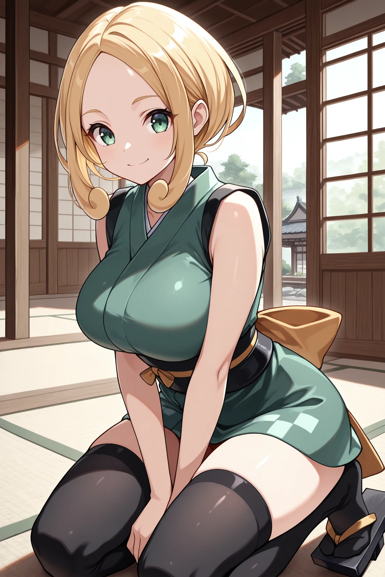 masterpiece, best quality, 1girl, solo, <lora:pkmnviola-illu-nvwls-v1:1> basevol, sidelocks, short hair, blonde hair, parted bangs, forehead, green eyes, green kimono, short kimono, sash, sleeveless, black thighhighs, geta, seiza, looking at viewer, smile, large breasts, indoors, east asian architecture
