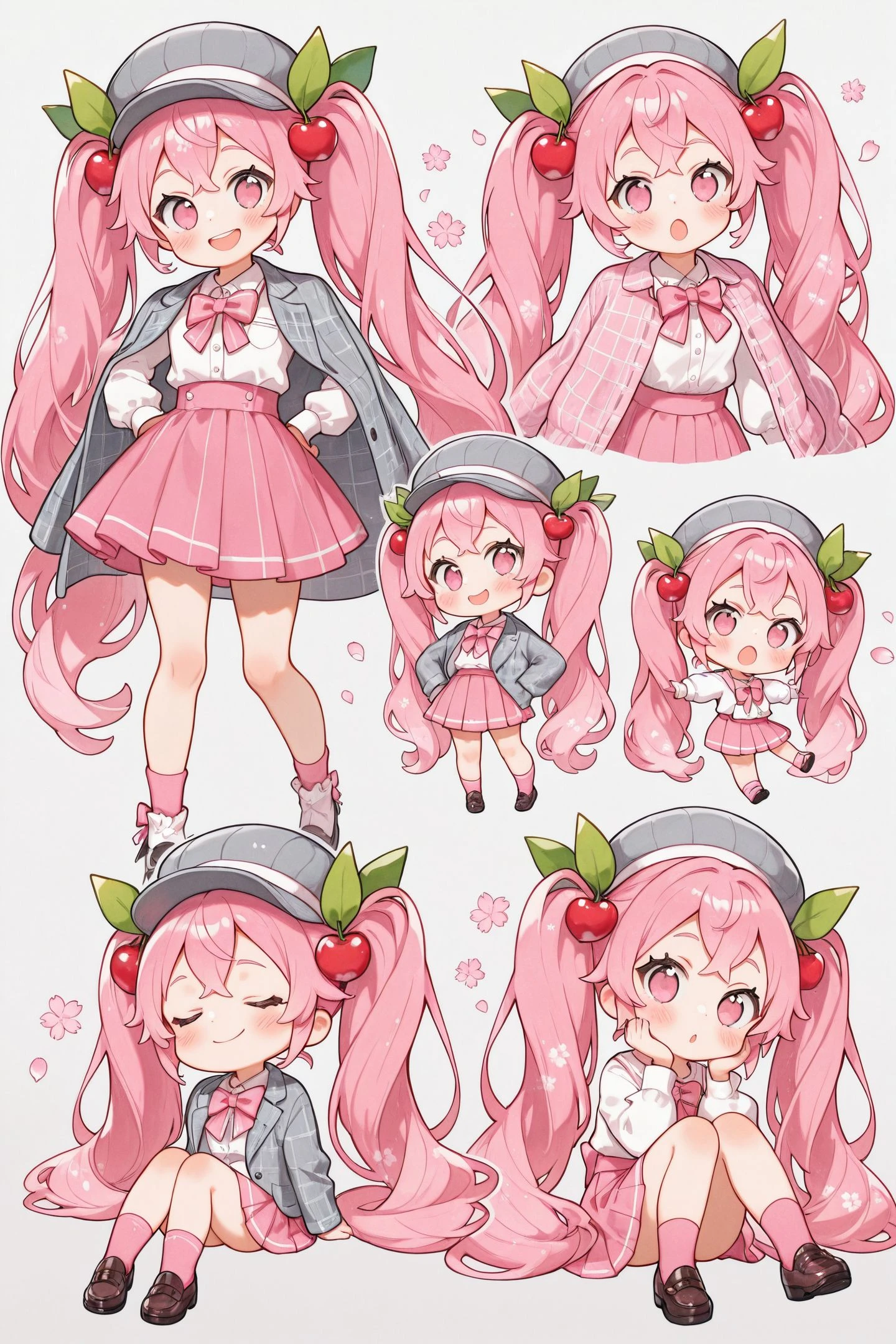 1girl,cherry hair ornament,pink hair,sakura miku,twintails,long hair,skirt,hatsune miku,hat,food-themed hair ornament,pink skirt,pink eyes,very long hair,chibi,white background,multiple views,jacket,hair ornament,white shirt,open mouth,jacket on shoulders,shirt,outstretched arms,grey jacket,simple background,bowler hat,smile,closed eyes,pleated skirt,long sleeves,hands on own hips,sitting,hands on own face,pink socks,grey headwear,bow,pink theme,blush,bowtie,:o,looking at viewer,hands on own cheeks,white bow,knees up,spread arms,closed mouth,plaid jacket,traditional media,
<lora:Uekura Eku_illustriousXL:0.9>,