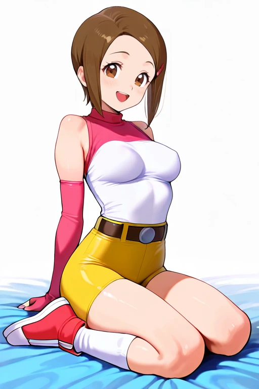 masterpiece, High quality, Ultra detailed, 2d, newest, absurdres, highres, BREAK
1girl, solo, <lora:yagami_hikari:0.8>, hikari_yagami, short hair, brown hair, hairclip, brown eyes,
medium breasts, hikaridef, sleeveless, skin tight, elbow gloves, fingerless gloves, belt, yellow shorts, white socks, shoes,
full body, sitting, smile, open mouth,
