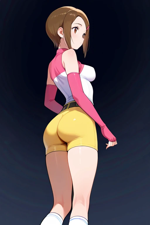 masterpiece, High quality, Ultra detailed, 2d, newest, absurdres, highres, BREAK
1girl, solo, <lora:yagami_hikari:0.8>, hikari_yagami, short hair, brown hair, hairclip, brown eyes,
medium breasts, hikaridef, sleeveless, skin tight, elbow gloves, fingerless gloves, belt, yellow shorts, white socks, shoes, 
standing, from behind,