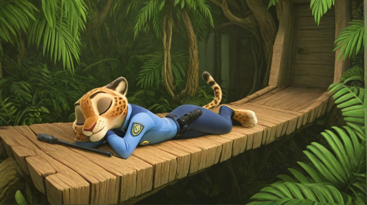 Leopard, on side, tail, female, police uniform, sleeping, head on hands, eyes closed, whiskers, slim, female focus, on stomach, solo, door,
jungle, wooden bridge, canopy, bright, greenery, treehouse