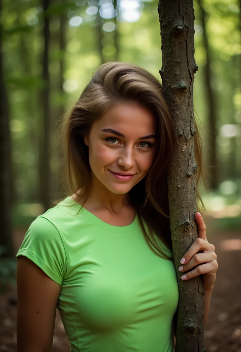 Beautiful blonde walking on a forest trail, (wearing a chic hiking outfit with a stylish backpack. Elle s'arrête pour admirer les arbres autour d'elle, sunlight filtering through the foliage. Un sourire paisible illumine son visage.), very detailed, 21 ans, visage innocent, natural wavy hair, blue eye, high resolution, masterpiece, best quality, intricate details, very detailed, sharpness, detailed skin, realistic skin texture, texture, detailed eyes, professionnel, 4K, charming smile, shot with Canon, 85mm, shallow depth of field, Kodak Vision Color, corps parfaitement ajusté, extremely detailed, Photo_(ultra), Photorealistic, realistic, post-traitement, Maximum details, roughness, real life, ultra realistic, photorealism, la photographie, 8k uh, la photographie.