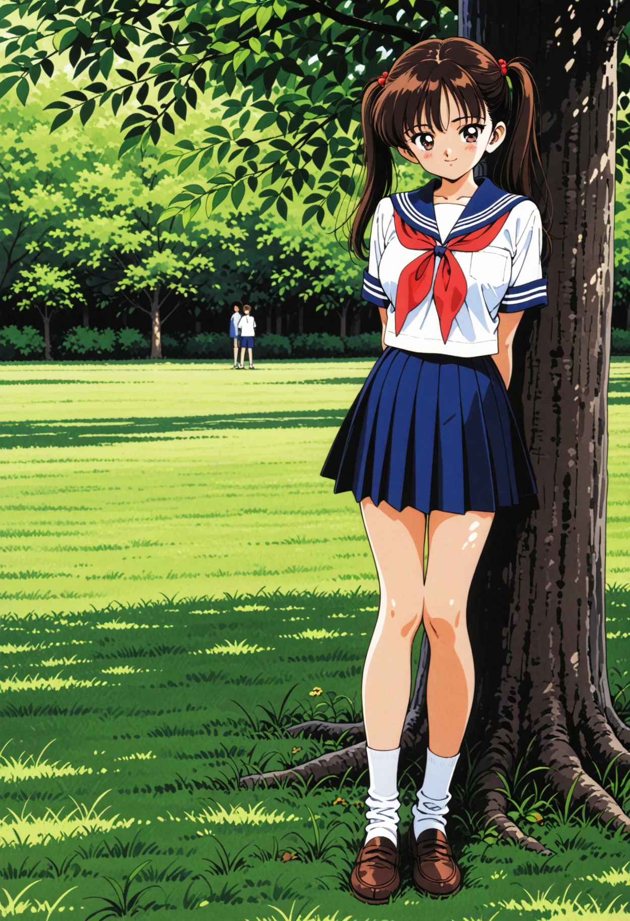 <lora:ujoldero_xl:0.9> 1990s \(style\),
1girl, brown hair, long hair, high twintails, thin bang, brown eyes, large breasts, serafuku, skirt, white socks, shoes, (narrowed eyes), (tsurime:1.3),
blush, embarrassed, smile, closed mouth, looking at viewer,
standing,
outdoors, under the tree, dappled sunlight, on grass, full body,
sensitive, masterpiece, best quality, anime coloring , <lora:dmd2_sdxl_4step:1>