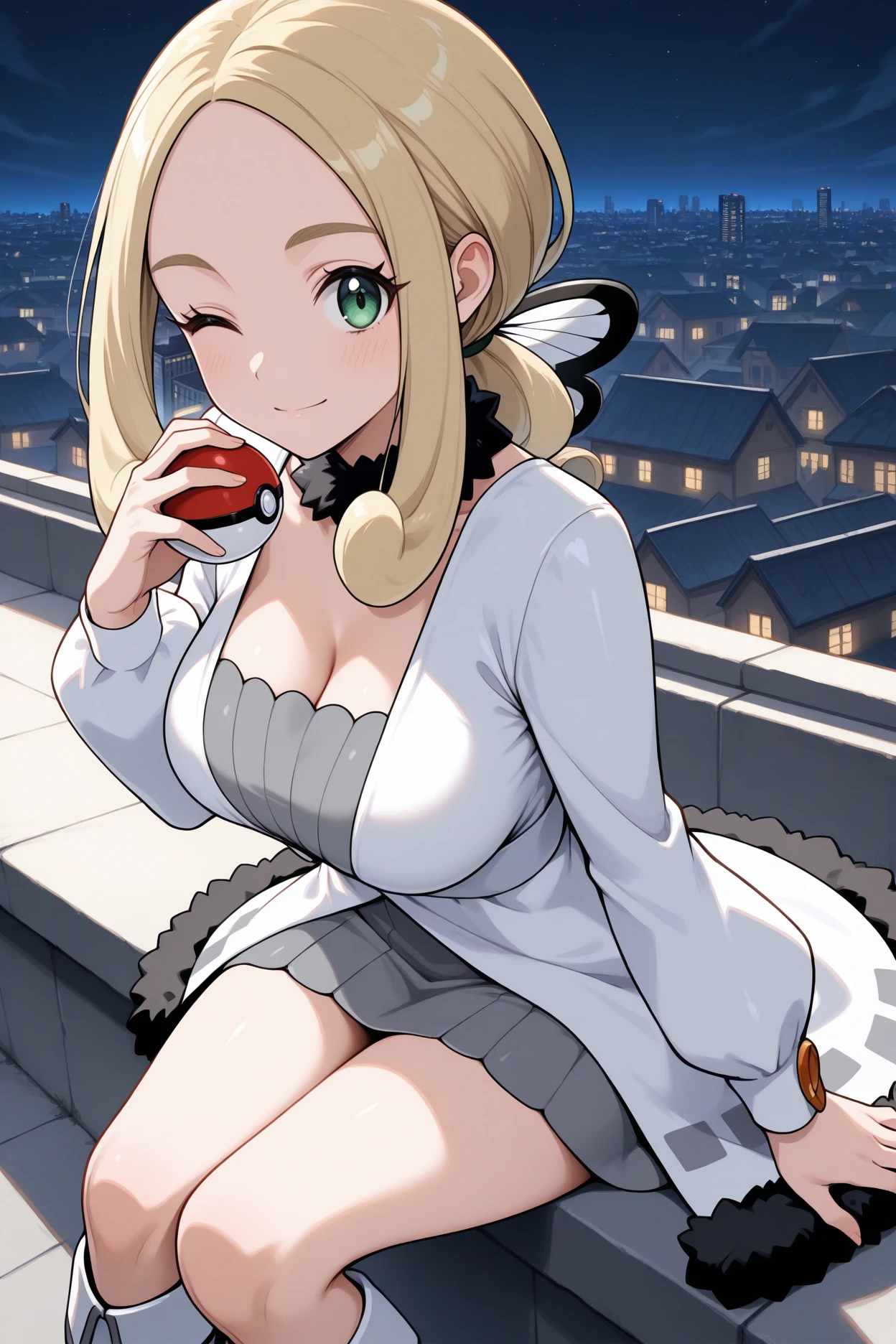 masterpiece, best quality, 1girl, solo, <lora:pkmnviola-illu-nvwls-v1:1> holvol, sidelocks, blonde hair, parted bangs, forehead, low ponytail, green eyes, butterfly hair ornament, black collar, fur collar, white coat, long sleeves, grey dress, grey skirt, fur trim, white boots, knee boots, large breasts, sitting, rooftop, holding poke ball, night sky, wink, looking at viewer, cityscape, hand up