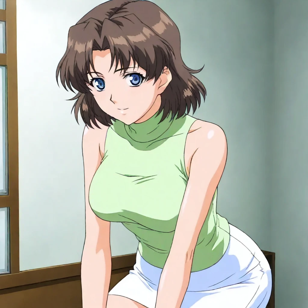masterpiece,solo,looking at viewer,<lora:Nadeshiko_Minami ilorg v1:1> nadeshiko_minami, brown hair, short hair, blue eyes,green shirt,white pencil skirt,bare shoulders,turtleneck,sleeveless,