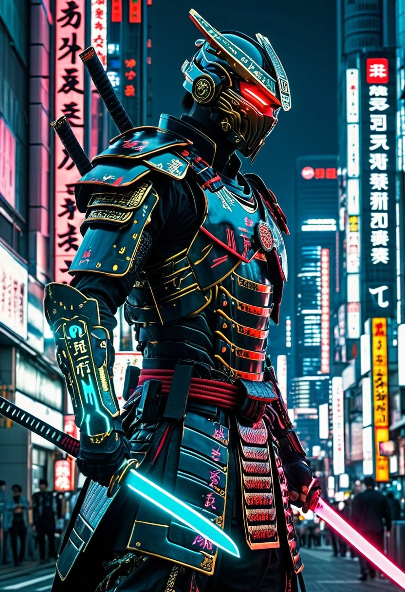 Cyberpunk android samurai warrior, katakana, city in the background, downtown, cyberpunk neonlights, intricate details, japan, futuristic, hyperdetailed photo, improved