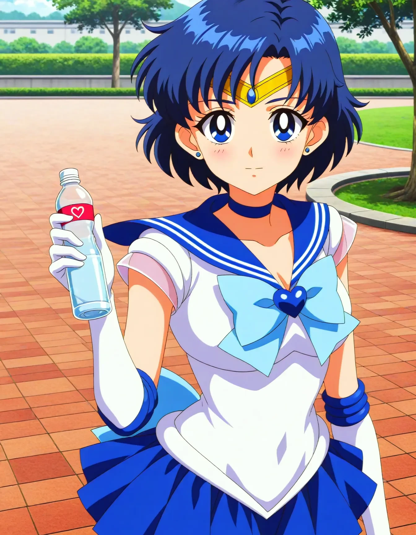 <lora:dmd2_sdxl_4step:1>,official style,masterpiece,best quality,newest,very aesthetic,highly detailed,high resolution,absurdres,highres,depth of field,super detailed skin,very awa,Anime,anime coloring,anime screencap,<lora:sailor_mercury_V3.1:1>,sailor mercury,1girl,blue eyes,blue hair,short hair,parted bangs,medium breasts,tiara,blue back bow,blue choker,blue sailor collar,blue skirt,bow,blue bow,long back bow,choker,earrings,gloves,jewelry,heart brooch,magical girl,miniskirt,pleated skirt,sailor collar,sailor senshi uniform,leotard,skirt,stud earrings,sleeveless,park,holding_bottle,