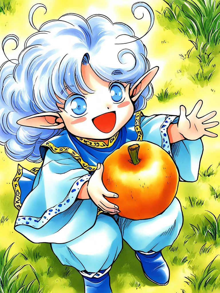 general,highres, ultra-detailed,very aesthetic,best quality ,best hands, BREAK <lora:Rumy_Fortune_Quest_Ver2.0_IS:1>Rumy(Fortune_Quest), 1girl, solo, blue eyes, pointy ears, blue hair, curly hair, ahoge,
open mouth, smile, long sleeves, holding, :d,light blue suit,
happy, blue boots, pants, wide sleeves,
grass,