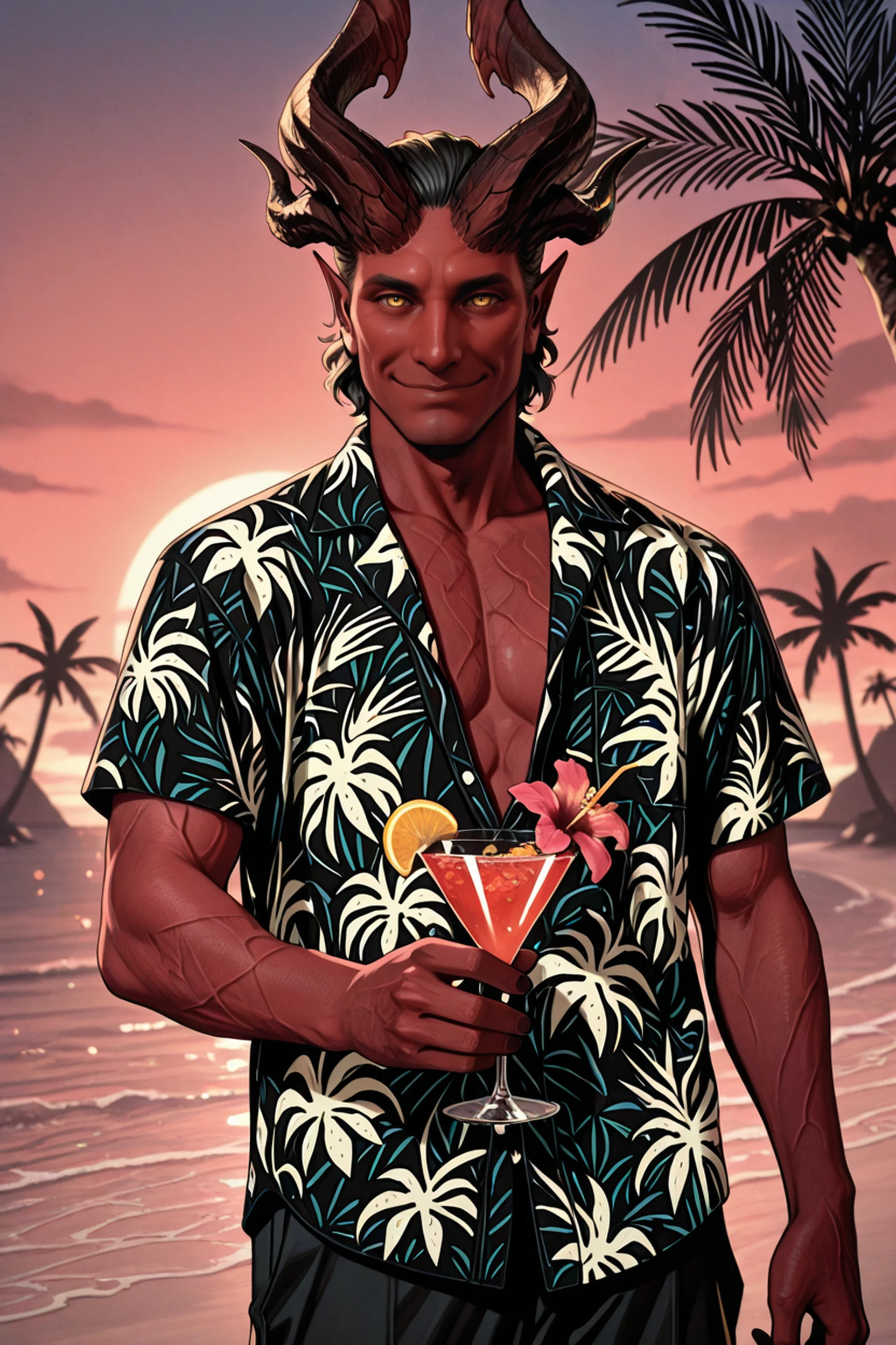 masterpiece, best quality, absurdres, highres, extremely high detail,
<lora:ILBGRaphaelC:1.0>
BGRaphaelC, 1boy, demon horns, pointy ears, yellow eyes, red skin, colored scalea, wearing a Hawaiian shirt, smiling, closed mouth, holding a cocktail, vibrant sunset, palm trees swaying in the breeze, tropical vibes