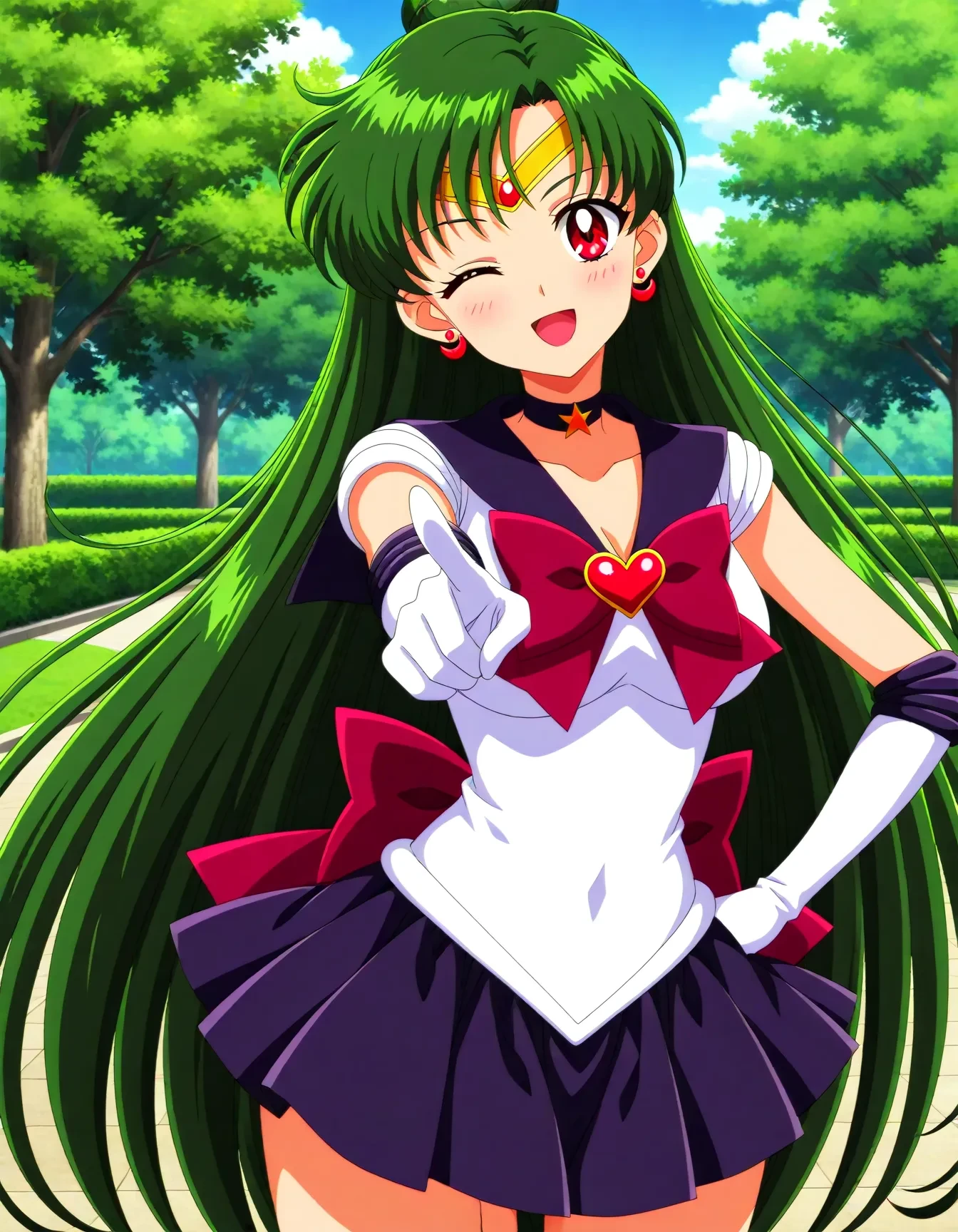 <lora:dmd2_sdxl_4step:1>,official style,masterpiece,best quality,newest,very aesthetic,highly detailed,high resolution,absurdres,highres,depth of field,super detailed skin,very awa,Anime,anime coloring,anime screencap,<lora:sailor_pluto_V3.1:1>,sailor pluto,solo,long hair,red eyes,very long hair,green hair,hair bun,single hair bun,medium breasts,circlet,sailor senshi uniform,leotard,magical girl,skirt,bow,pleated skirt,earrings,choker,heart brooch,black skirt,sailor collar,black choker,black sailor collar,long back ribbon,back bow,brown bow,white gloves,elbow gloves,gloves,smile,park,(head_tilt:1.3),one eye closed,open mouth,hand_on_hips,pointing_at_viewer,index_finger_raised,imminent_kiss,
