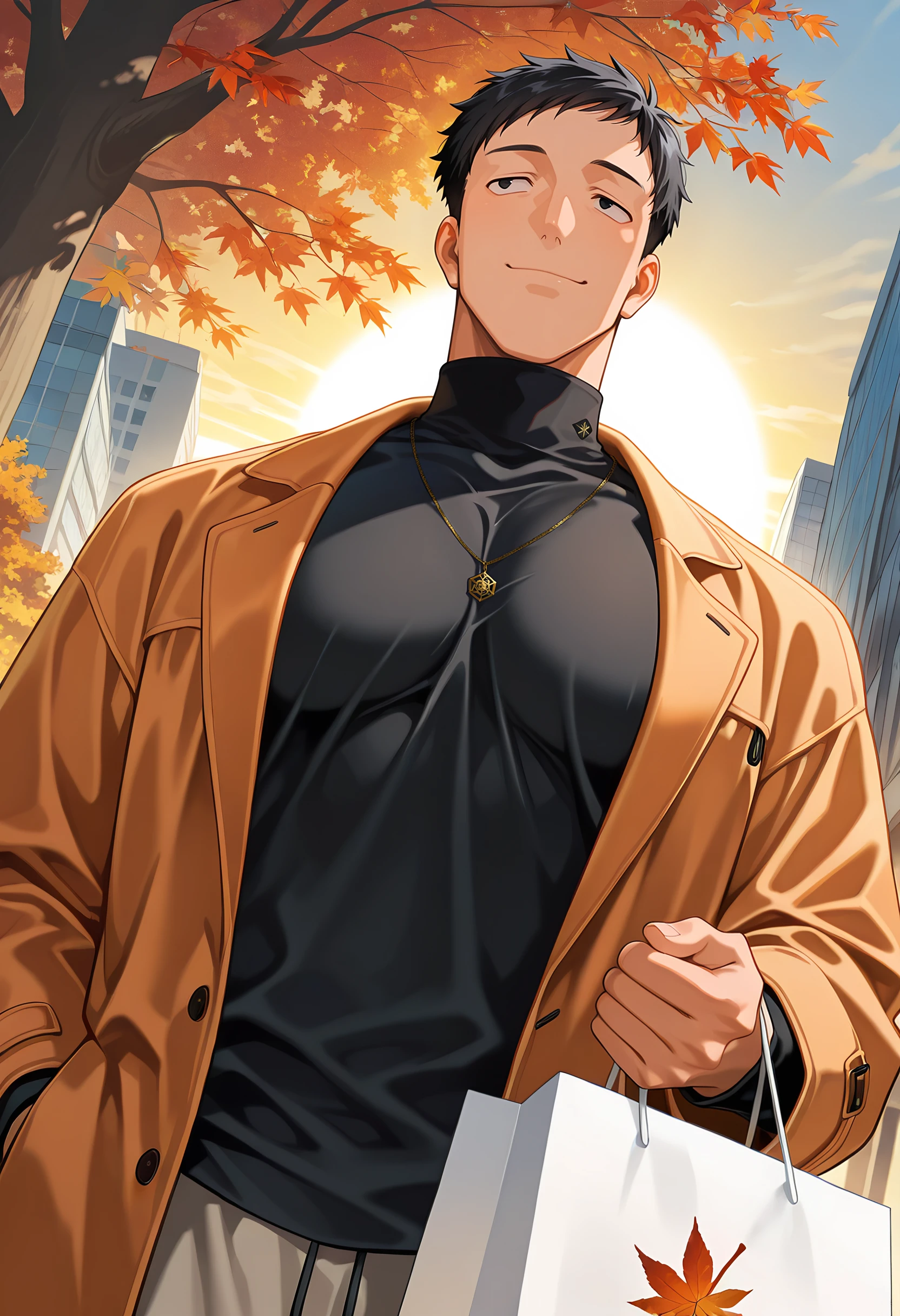 masterpiece, best quality, newest, absurdres, 1boy, male focus, upper body, solo, dutch angle, from below, holding shopping bags, shopping bag, BREAK
<lora:Yashiro_Kizuku_Illustrious:1> y4sh1r0_k1zuku, black hair, short hair, black eyes, sanpaku, BREAK
muscular male, pectorals, large pectorals, BREAK
autumn coat, turtle neck, necklace, BREAK
smile, closed mouth, anime, BREAK
day, outdoors, sunrise, autumn, autumn leaves, bare trees, city street,
