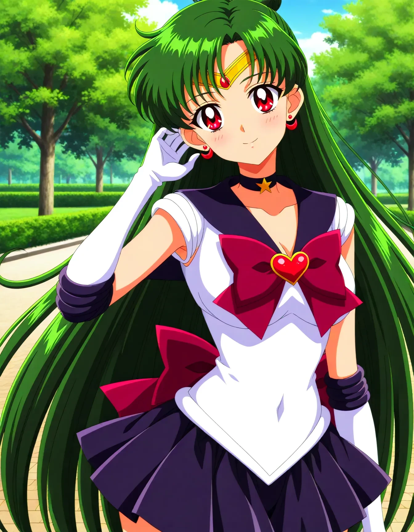 <lora:dmd2_sdxl_4step:1>,official style,masterpiece,best quality,newest,very aesthetic,highly detailed,high resolution,absurdres,highres,depth of field,super detailed skin,very awa,Anime,anime coloring,anime screencap,<lora:sailor_pluto_V3.1:1>,sailor pluto,solo,long hair,red eyes,very long hair,green hair,hair bun,single hair bun,medium breasts,circlet,sailor senshi uniform,leotard,magical girl,skirt,bow,pleated skirt,earrings,choker,heart brooch,black skirt,sailor collar,black choker,black sailor collar,long back ribbon,back bow,brown bow,white gloves,elbow gloves,gloves,smile,park,(head_tilt:1.3),hair_tucking,