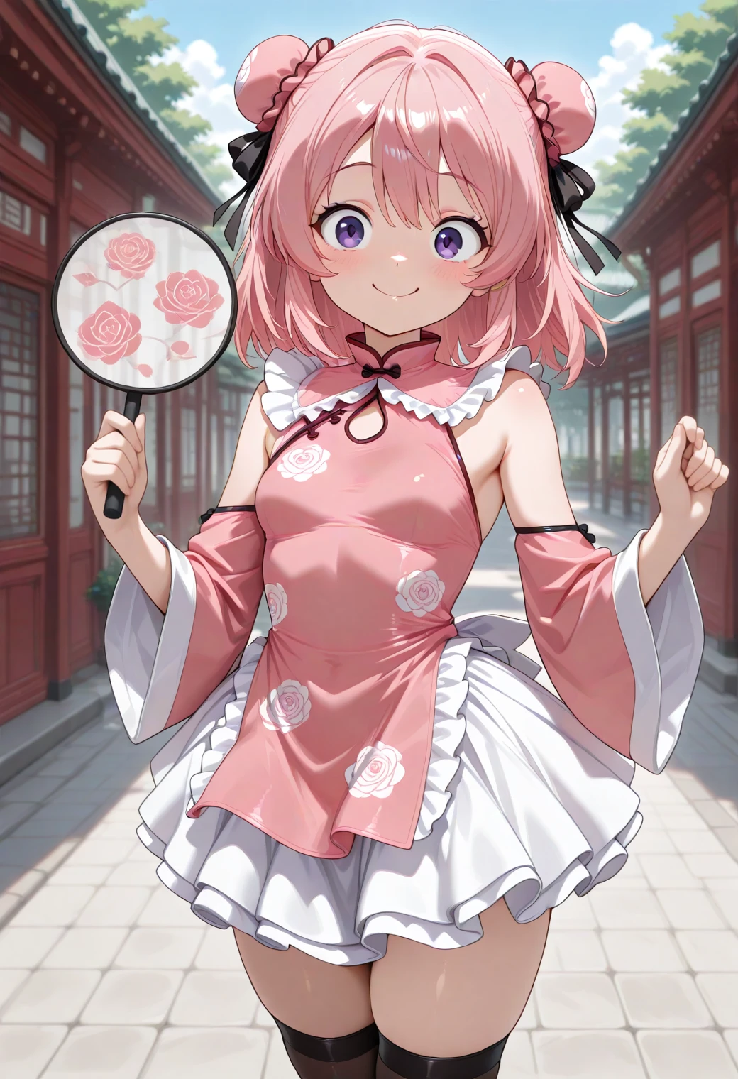 masterpiece, best quality, amazing quality, 1girl, solo, smile, cute pose, blush, anime screencap, makeup, chinese background, outdoors, <lora:CivChan:1>, CivChan, purple eyes, pink hair, <lora:Miku_Modern_China_Dress_TEST_v1_0:0.8>, Miku_Modern_China_Dress_TEST_v1_0, holding fan, dress, bare shoulders, detached sleeves, sleeveless, wide sleeves, hair ribbon, sleeveless shirt, neck collar, white skirt(frills, layered), chinese clothes, china dress((pink)), multicolored clothes, floral print, thighhighs, zettai ryouiki, double bun, bun cover, <lora:wai-Rectified-s:1>, <lora:prompt_extend:1>