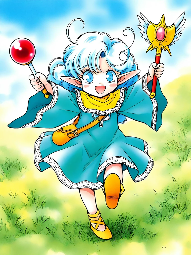 general,highres, ultra-detailed,very aesthetic,best quality ,best hands, BREAK <lora:Rumy_Fortune_Quest_Ver2.0_IS:1>Rumy(Fortune_Quest), 1girl, solo, blue eyes, pointy ears, blue hair, curly hair, ahoge,
open mouth, smile, long sleeves, , blue robe, bag,
closed mouth, solo, 1girl, smile, long sleeves, looking at viewer,
green dress, holding, wand, open mouth, wide sleeves,
full body, long hair,
fantasy, sky, grass,