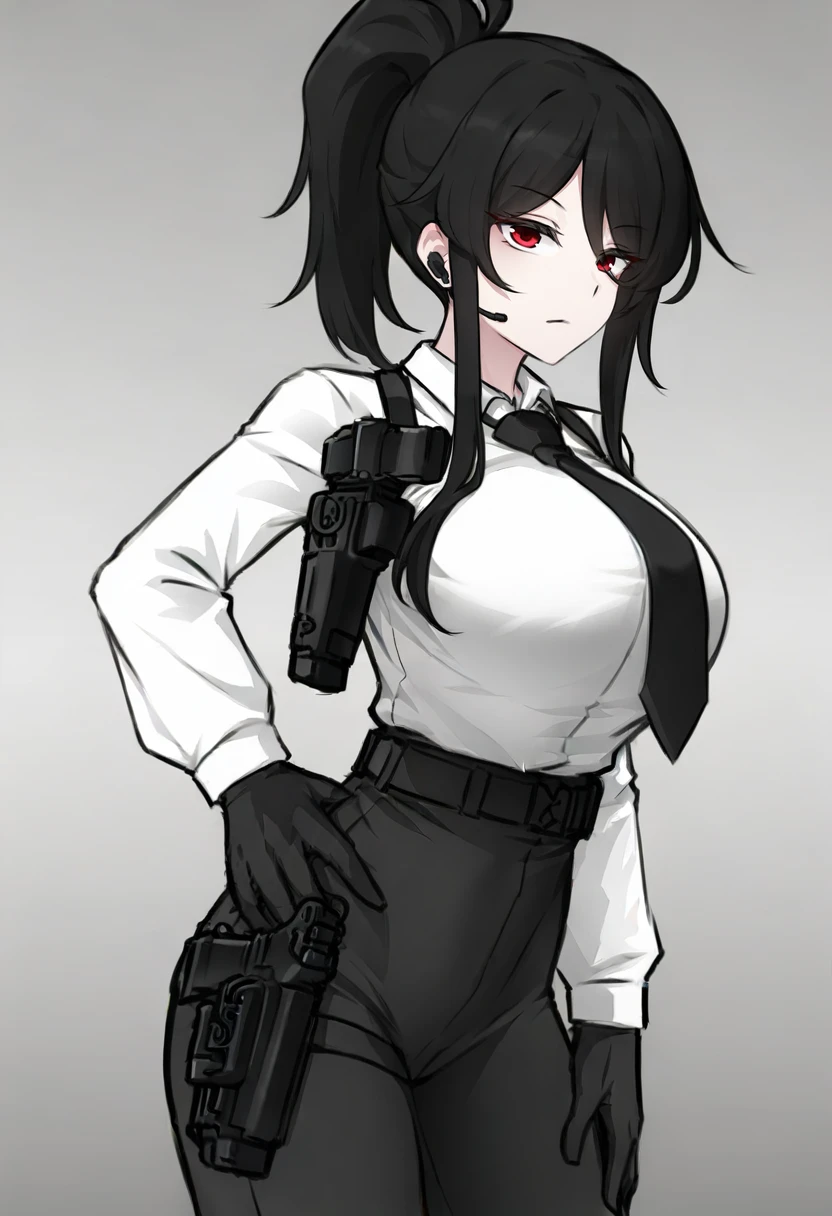 1girl, red eyes, necktie, solo, gloves, breasts, black hair, ponytail, weapon, shirt, gun, black gloves, black pants, pants, large breasts, white shirt, white background, black necktie, collared shirt, handgun, holstered weapon, sidelocks, simple background, hand on hip, holster, looking at viewer, long sleeves, belt, earpiece, long hair, cowboy shot, shirt tucked in, high ponytail, closed mouth, bangs <lora:K0NGXL_il1_lokr_V6311P:0.95>