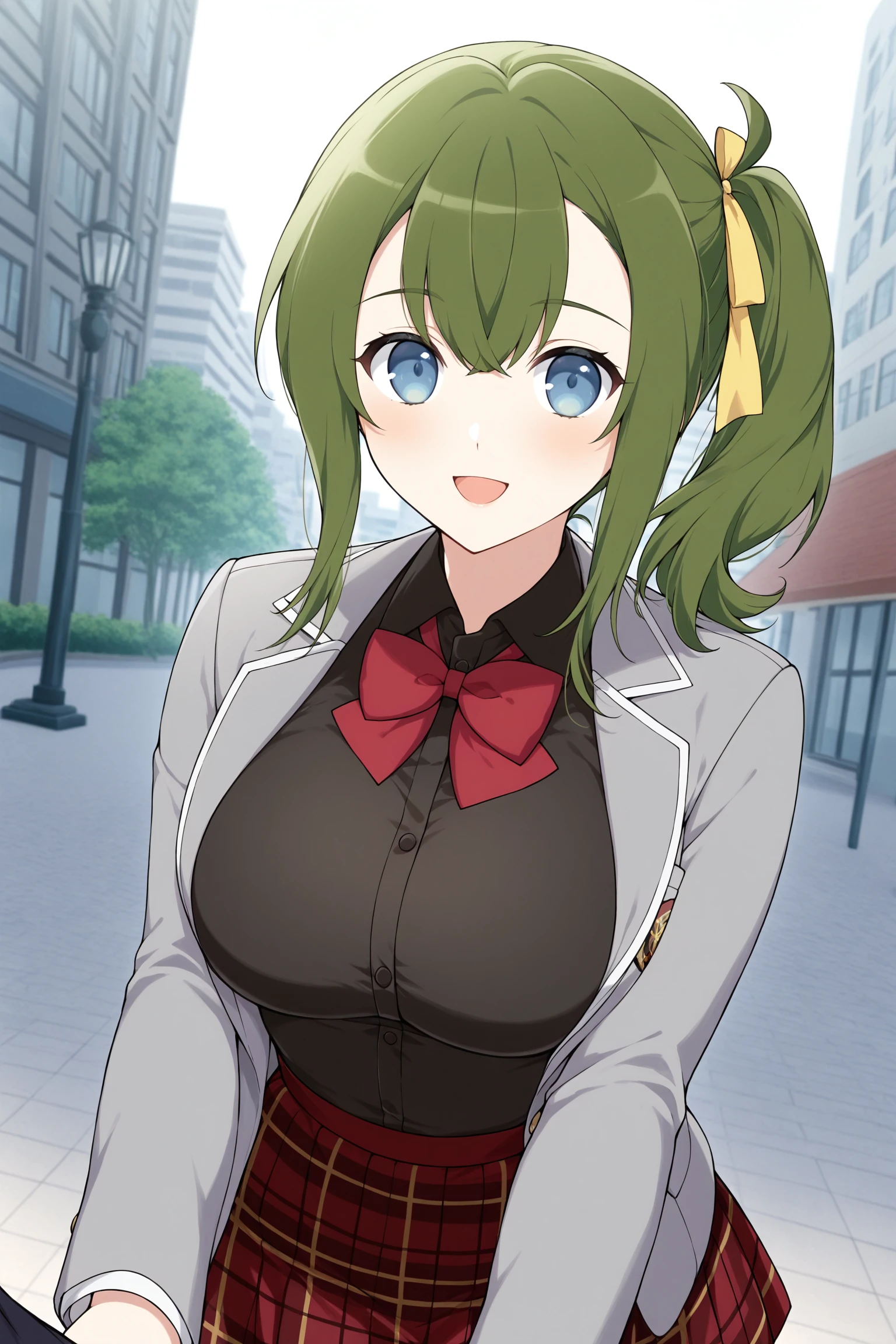 masterpiece, best quality, very aesthetic, hiyorisk, outfit2, outdoors, city, green hair, side ponytail, hair yellow ribbon, hair between eyes, medium hair, sidelocks, blue eyes, large breasts, grey jacket, open jacket, blazer, red bowtie, collared shirt, black shirt, red skirt, checkered skirt, school uniform, light smile, open mouth, :d, <lora:Hiyori-SenranKagura:0.7>