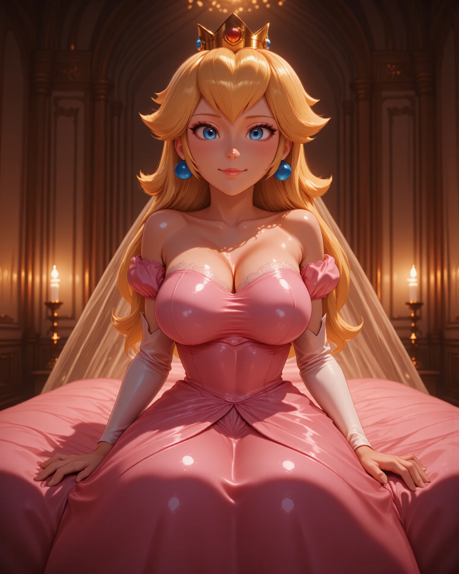 A semi-realistic digital portrait of <lora:Super_Mario_Bros_-_Peach-000014:1> 25 year old n-peach with piercing crystal blue eyes and blonde hair, emi-realistic style, high detail, soft lighting, painterly textures, concept art quality, fantasy aesthetic.
A semi-realistic, ultra-sultry digital painting of Princess Peach in a relaxed, natural pose â yet fully exposed in an intoxicatingly sensual way. Sheâs seated casually on the edge of a velvet bed, legs slightly parted, her posture effortless but suggestive. She wears a nearly transparent blush-pink silk robe draped open, revealing her bare chest beneath, with only the faintest folds of fabric brushing across her skin. Her long golden hair spills freely over her shoulders, catching the warm candlelight, and her crown rests tilted on her head in a playful, undone manner. One arm rests loosely over her thigh while the other lightly cups her waist. Her expression is calm but smoldering â a slow, sultry smile and a gaze that feels like it sees straight through you. The room glows with golden ambient lighting, casting soft shadows and accentuating every curve of her exposed body. The vibe is elegant, erotic, and intimate â all focus on her allure without a hint of tension. Semi-realistic style, fine detail, glowing skin, luxury textures, full sensual atmosphere.